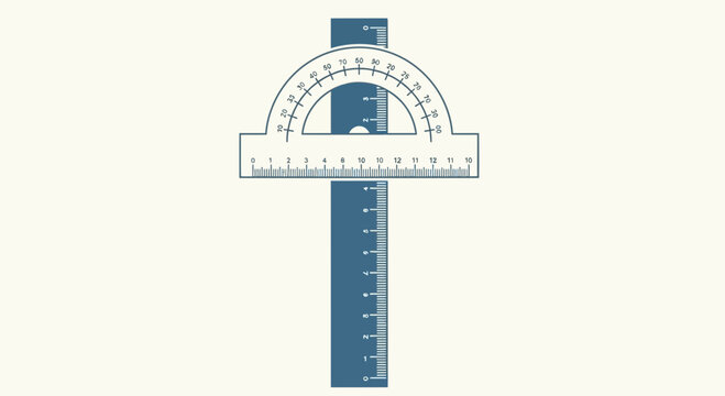 Minimalist vector art: A crisp, minimalist ruler and protractor intertwined, rendered in a two-color scheme. Geometric precision and clean, unembellished shapes.