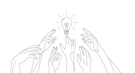 Obraz premium Multiple hands reaching upwards towards a glowing light bulb, symbolizing the pursuit of ideas, innovation, and creative inspiration.