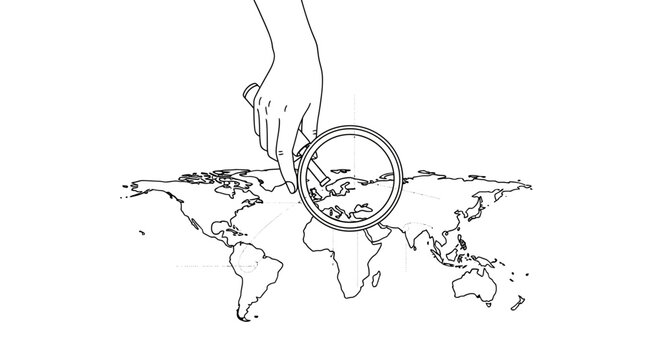 A hand holding a magnifying glass over a world map, focusing on the European and Asian continents in a simple line art style.
