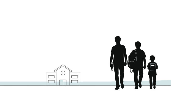 Silhouettes of a father and two sons walking towards a school building, symbolizing education and family.