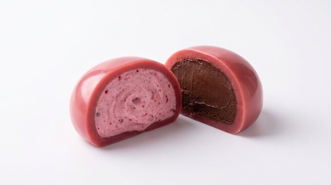 Ruby chocolate mochi with dual filling center. Isolated on White background