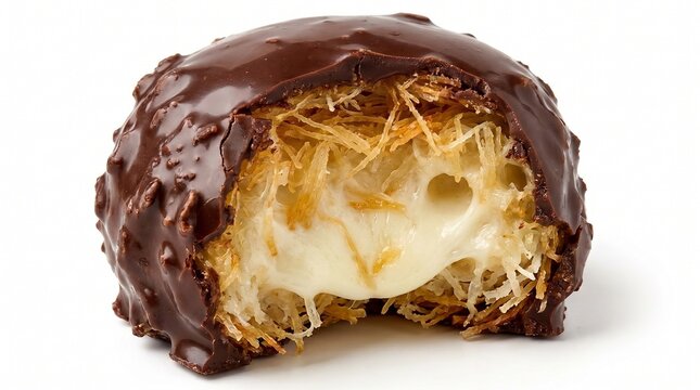 Chocolate-dipped knafeh bite with melted cheese interior. Isolated on White background