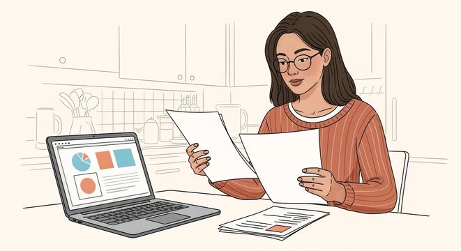 Woman freelancer using a laptop at kitchen table for remote work and finance paperwork at home now.