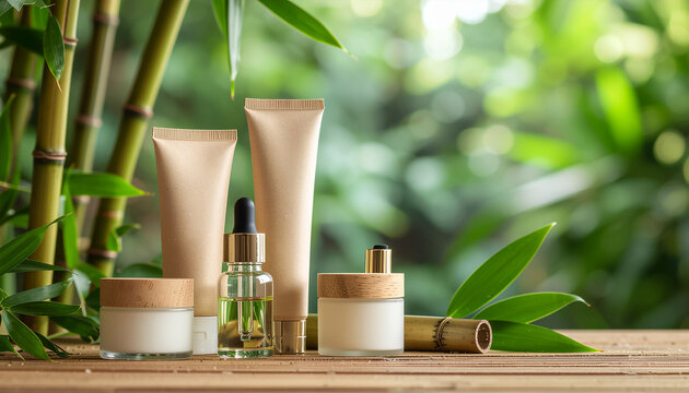 A collection of blank label skincare products including cream tubes, dropper bottle serum, and glass jars arranged on a wooden surface with fresh bamboo stalks and green leaves, natural organic beauty