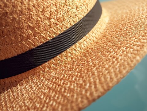 Detailed macro close-up of woven straw hat with black grosgrain ribbon against soft blue background. Elegant summer fashion accessory texture for travel, lifestyle and retail 2026.