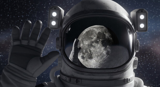Astronaut wearing a detailed space suit reaches out to touch the massive moon reflecting brightly in the visor against the deep background of stars and nebula light.