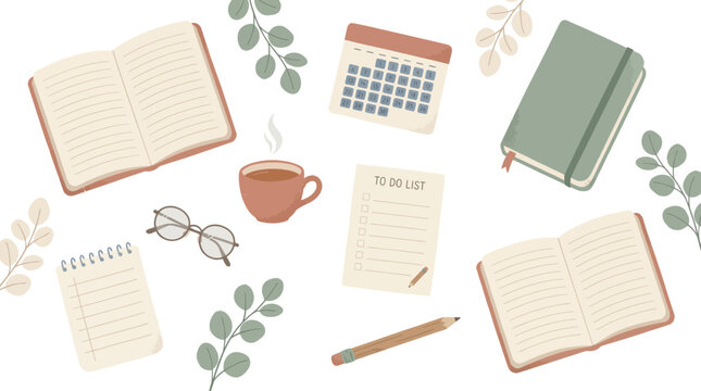 Illustration of stationery with open notebooks, calendar, coffee and to do list on white background with leaves, concept for productivity planning, time management and creative journaling