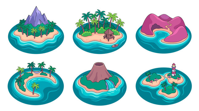Set of cartoon tropical island icons featuring volcano, lighthouse, palm trees and mountains in ocean water, concept for mobile game design, travel website and educational geography graphics