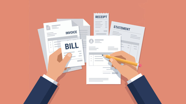 Accountant hands holding a bill and writing on financial documents like invoice, receipt and statement on a peach background, concept for financial management, tax preparation and bookkeeping