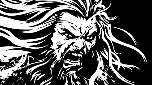 Dramatic black and white illustration of an angry bearded mans face