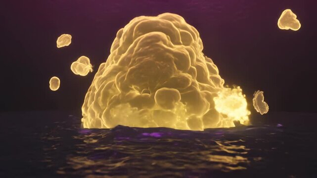 Surreal bioluminescent domes and eruptive golden blobs emerging from a dark water surface, neon purple and yellow light creating reflective ripples in a cinematic liquid simulation