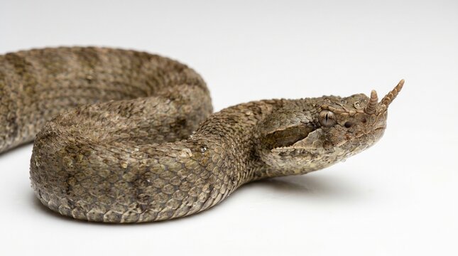 Tentacled snake with unique facial appendages and textured scales in macro studio detail. Isolated on White background