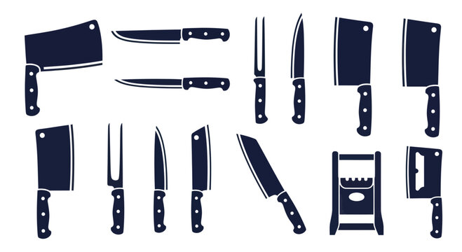 Collection of Kitchen Knives and Butcher Tools Silhouette Icons