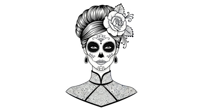 Dia de los Muertos Woman Sugar Skull Face Tattoo Floral Hair