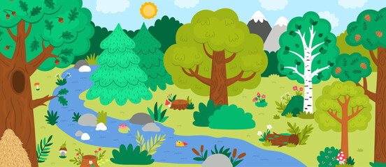 Horizontal cartoon forest border background. Empty nature woodland landscape with trees, plants, stream, log, bushes. Wild thicket panorama scene with anthill, mushrooms, river, stump © Lexi Claus