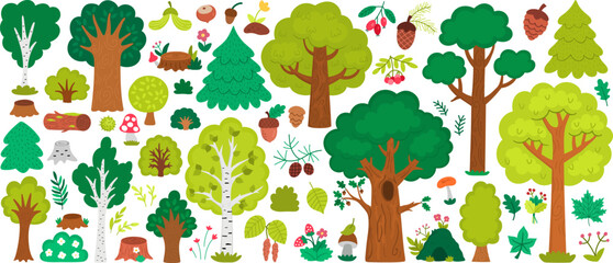 Big vector forest trees and plants set. Cartoon woodland flora collection. Natural parkland scene constructor with birch, pine, fir tree, acorn, mushrooms, cones. Environment care concept © Lexi Claus