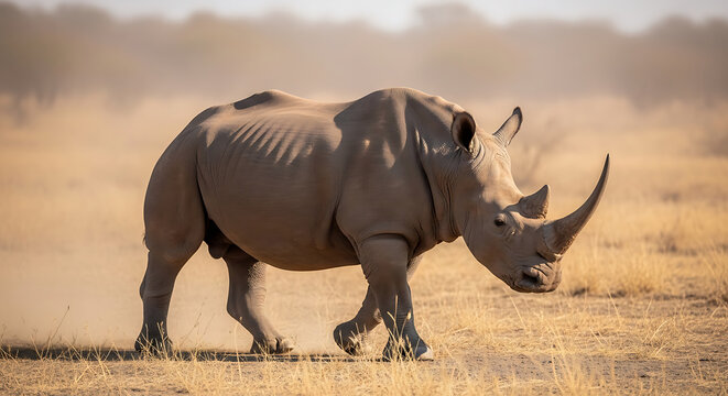 A large rhinoceros walks slowly through a dry savannah field kicking up dust.