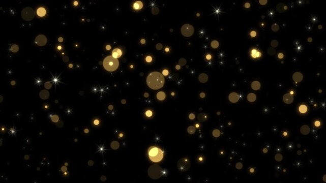 Bright golden flying sparks of particles. Glowing twinkle fairy glitter particles. Holiday Christmas bokeh background. Embedded alpha channel. ProRes 4444
