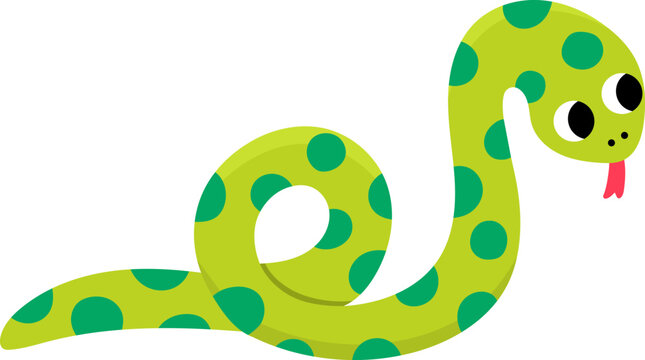 Vector cartoon green snake isolated on white background. Funny serpent clipart. Cute forest animal icon for kids. Flat woodland element. Woods wildlife illustration