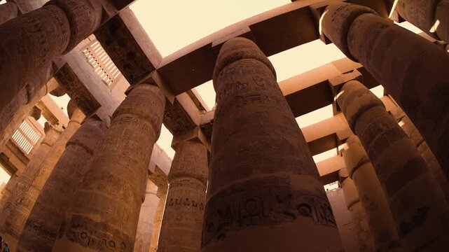 Hypostyle Hall columns fisheye, Temple of Karnak, Luxor. Fisheye view looking upward at the ancient columns of the Hypostyle Hall in the Temple of Karnak, Luxor, Egypt. 