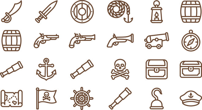 A comprehensive collection of brown outline vector icons representing various pirate themes and adventures.