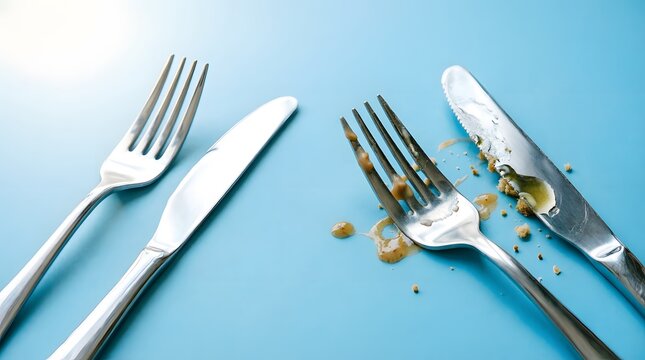 Clean cutlery and dirty fork with knife covered in food residue on blue background. Contrast between hygiene and messy dining. Conceptual comparison of eating and table manners.