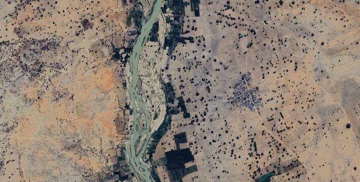 Hadejia River Meandering Through Sahel Dryland Landscape Aerial Satellite View, Nigeria