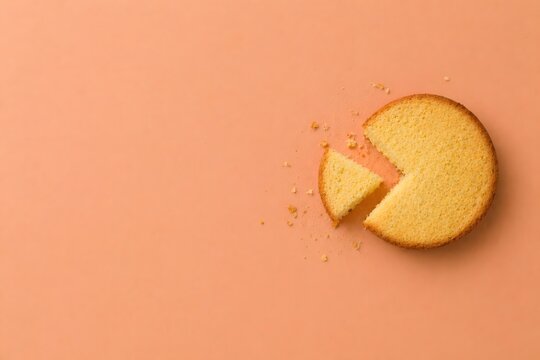 Sponge cake with a piece cut out on a plain background. Minimalist food photography showing a sliced dessert. Concept of part and whole, portion control or sharing in a bakery.