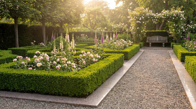 Polished Stone Garden Path with Box Parterre and Roses for Refined Estate Landscape Beauty