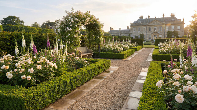 Formal Garden Walkway with Pale Roses and Box Parterre for Luxurious Outdoor Design Inspiration