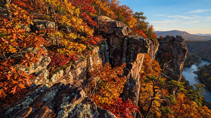 Obraz premium Dramatic autumn cliff face rendered in hyperrealistic oil painting style with vivid details