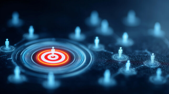 Digital target surrounded by human icons representing audience targeting, customer segmentation, and focused marketing strategy.
