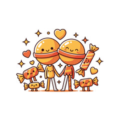 Naklejka premium Two adorable cartoon lollipops holding hands, surrounded by sweet candies and hearts, depicting a cute and happy couple illustration.