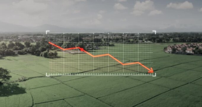 Economic downturn concept over land, declining graph with red arrow overlay on landscape. Symbolizes falling land value, reduced demand and real estate investment loss in land and property sector.