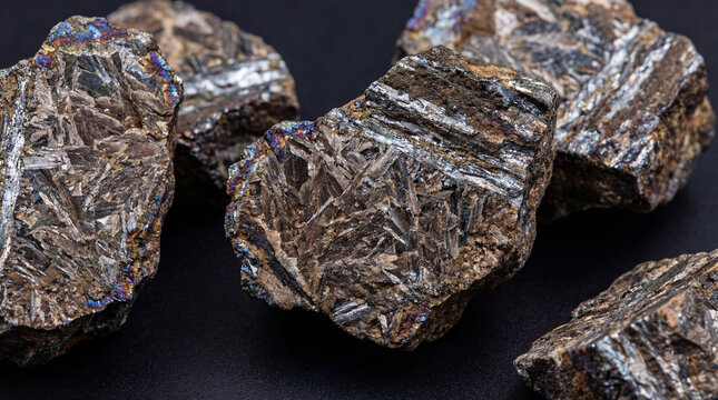 A macro close-up of rare earth mineral ore fragments with complex crystalline textures