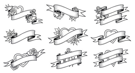 Vintage Tattoo Style Banners with Hearts, Roses and Anchors - Hand Drawn Vector Elements © Biru
