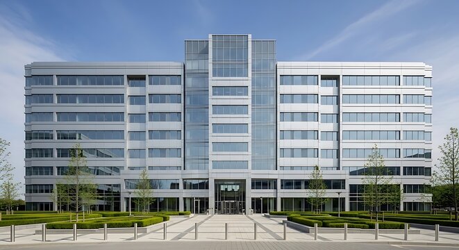 modern office building with glass facade and blue sky