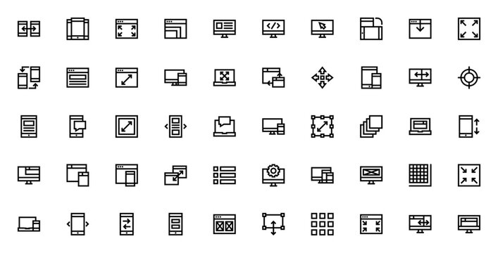 Responsive Design icon set. Web and app development vector icons. Includes symbols for browser, smartphone, interface, coding, resize, grid and more. Editable stroke.