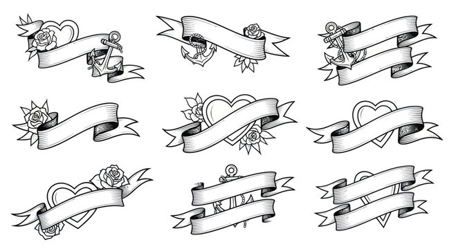Vintage Tattoo Style Banners with Hearts, Roses and Anchors - Hand Drawn Vector Elements