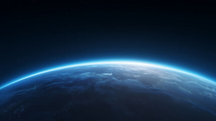 Fototapeta premium Earth horizon from deep space with glowing blue atmosphere, realistic planet curvature under starry black sky, cinematic orbital view, astronomy background and peaceful global envi