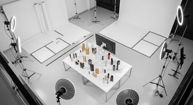 overhead view of a studio with a table of cosmetics and photography equipment
