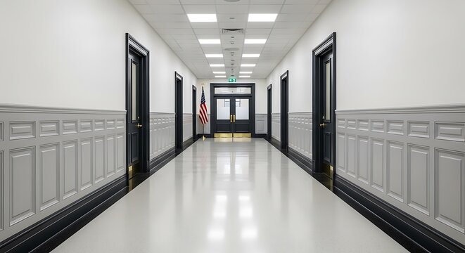 empty office hallway with doors and american flag