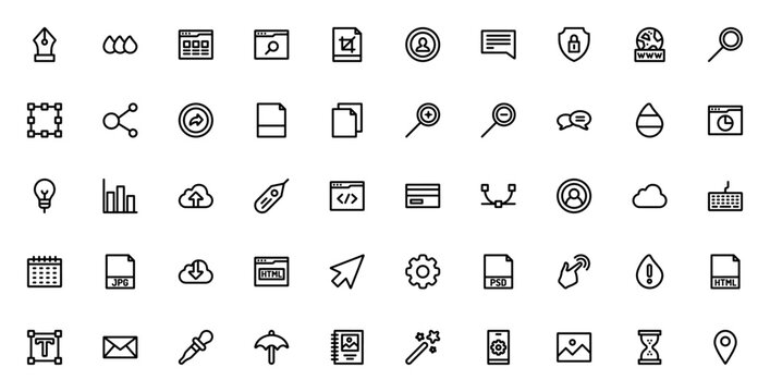 Web design icon set. Vector toolkit for UI/UX, development and graphics. Includes tools for security, user, cloud, editing, coding and more. Editable stroke.