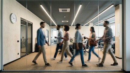 Fototapeta premium Diverse Business Professionals Moving in Dynamic Modern Office Corridor