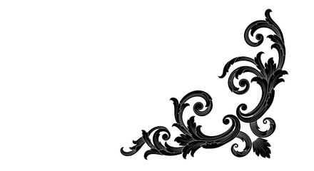 Fototapeta premium Luxurious Black Baroque Style Corner Ornament with Intricate Scrolls and Leaves on Isolated White Background