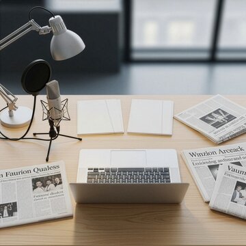 A modern desk setup for a journalist or podcaster with a laptop, microphone, lamps, and newspapers.