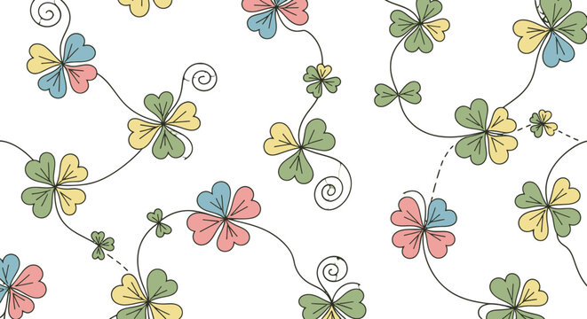 Seamless Pattern with Colorful Four-Leaf Clovers and Twigs on Isolated White Background.