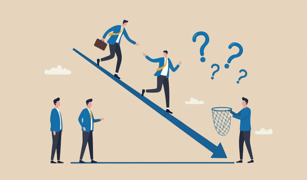 Investing in market downturn, recession financial crisis short team stock market, crypto currency decline concept smart businessman acrobat walking decline graph