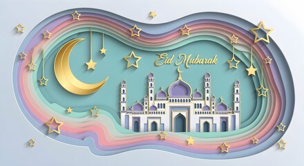 Fototapeta premium Eid Mubarak greeting card with 3d paper cut mosque and golden crescent moon