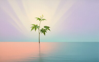 Obraz premium A lone plant stands in water rays of light radiate behind it.